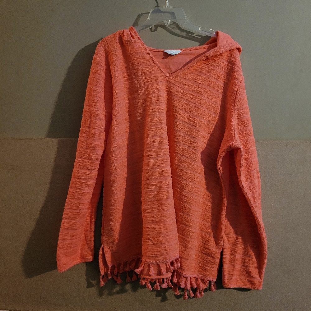 crown & ivy Coral V-Neck Hooded Sweater with Tassel Hem